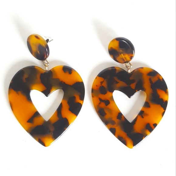 J. Crew Tortoise Heart Drop Earrings ๐ Acrylic ๐ Jumbo Hearts - Picture 1 of 7
